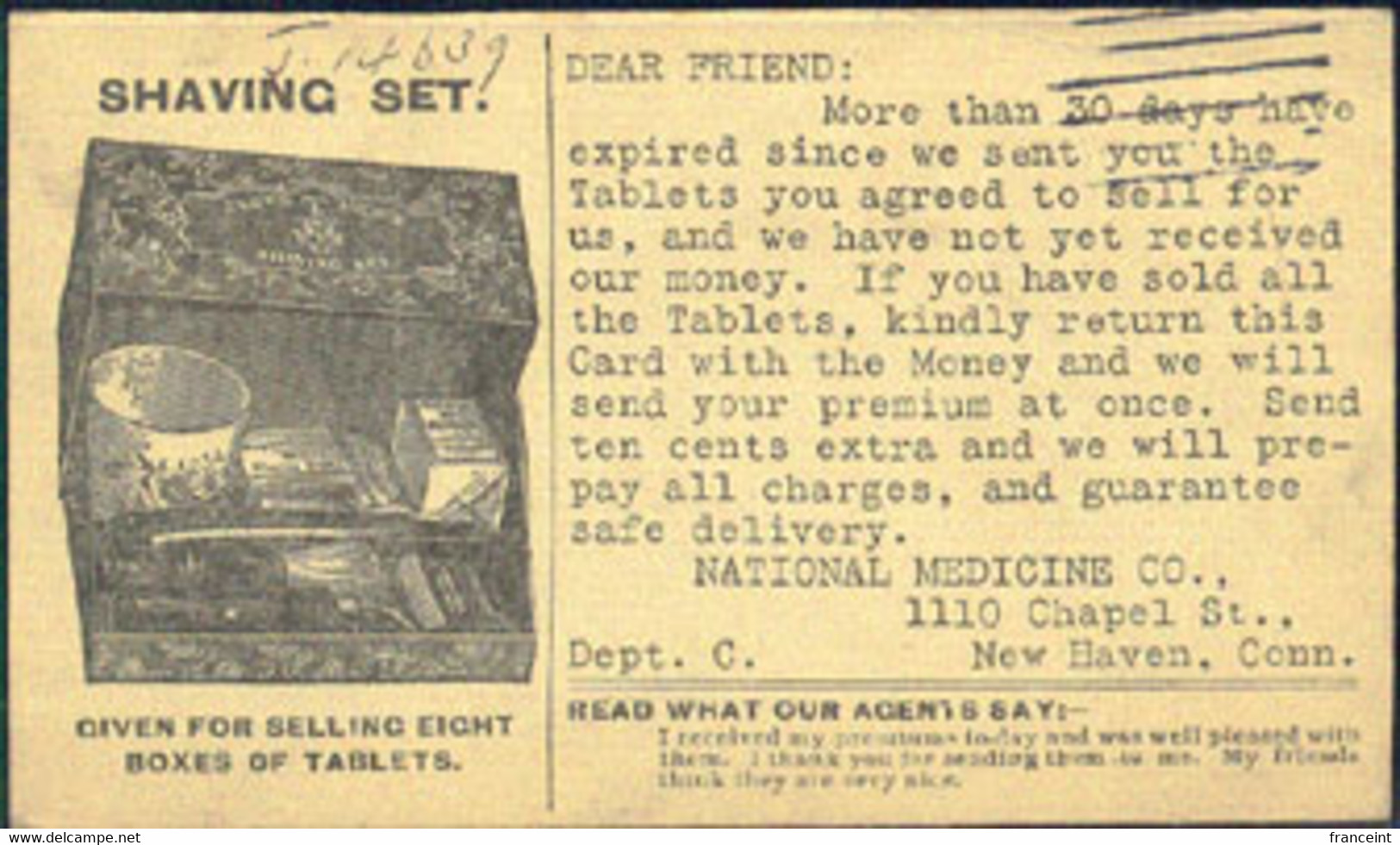 U.S.A.(1903) Shaving Kit. Postal Card With Illustrated Notice Asking For Payment For Sale Of Tablets And Showing Prize - 1901-20