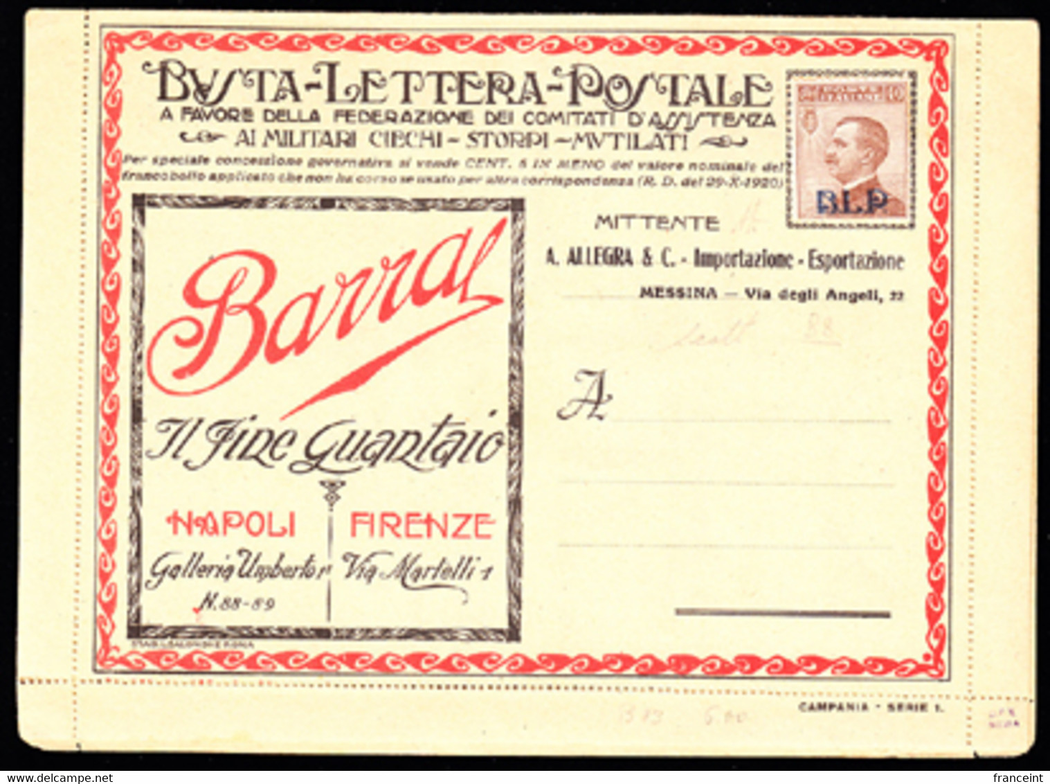 ITALY(1923) BLP Letter. Gloves. Electric Lighting & Heating. Silver And Nickel Plating. Restaurant. Weddings. Etc - Stamps For Advertising Covers (BLP)