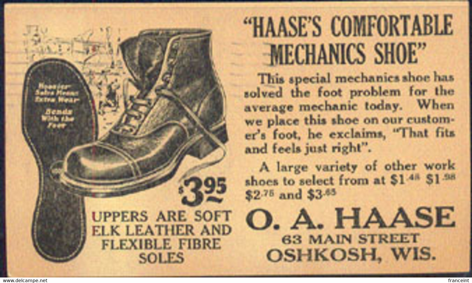 U.S.A.(1925) Boot. Postal Card With Illustrated Ad For Hasse's Comfortable Mechanics Shoe. - 1921-40