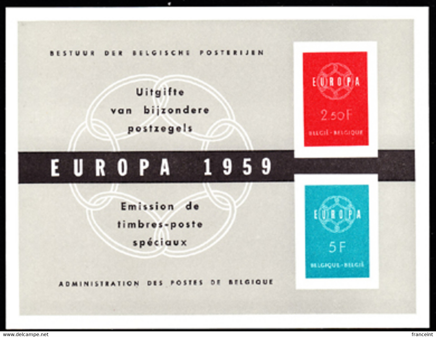 BELGIUM(1959) Europa Symbol. Deluxe Proof (LX30) Of 2 Values On Card. Scott Nos 536-7, Yvert Nos 1111-2. - Luxuskleinbögen [LX]