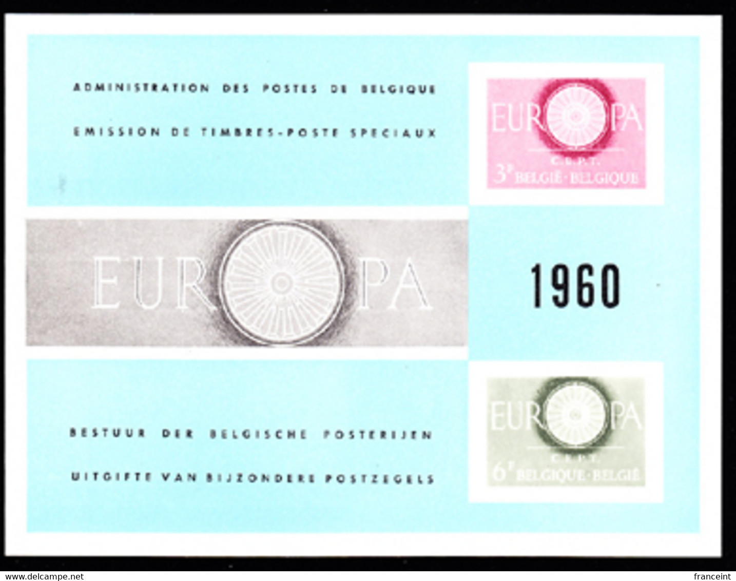BELGIUM(1960) Europa Symbol. Scott Nos 553-4. Yvert Nos 1150-1. Europa Issue. Deluxe Proof (LX33) Of 2 Values. - Feuillets De Luxe [LX]