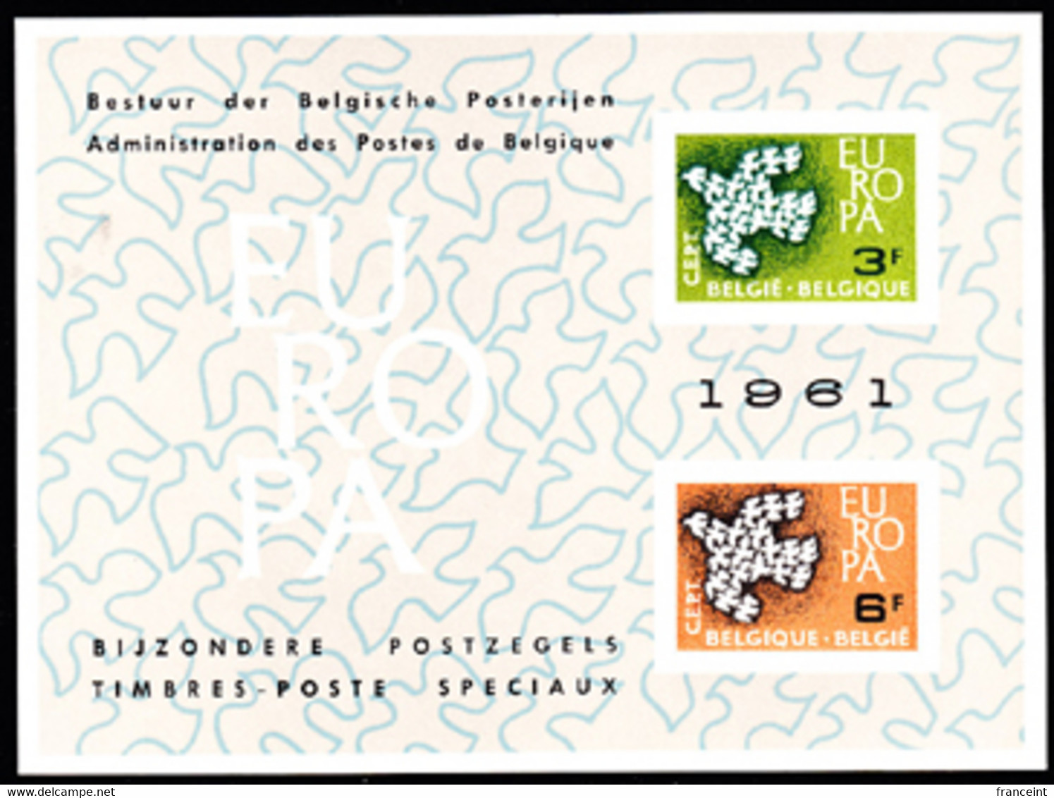 BELGIUM(1961) Stylised Dove. Scott Nos 572-3. Yvert Nos 1193-4. Europa Issue.  Deluxe Proof (LX36) Of 2 Values. - Deluxe Sheetlets [LX]