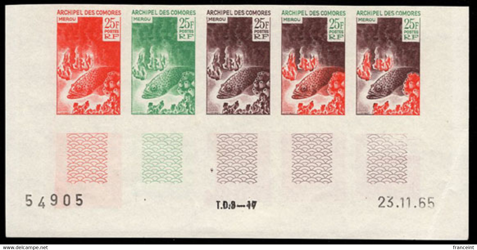 COMOROS(1965) Merou. Trial Color Strip Of 5. Scott No 66, Yvert No 38. - Andere & Zonder Classificatie