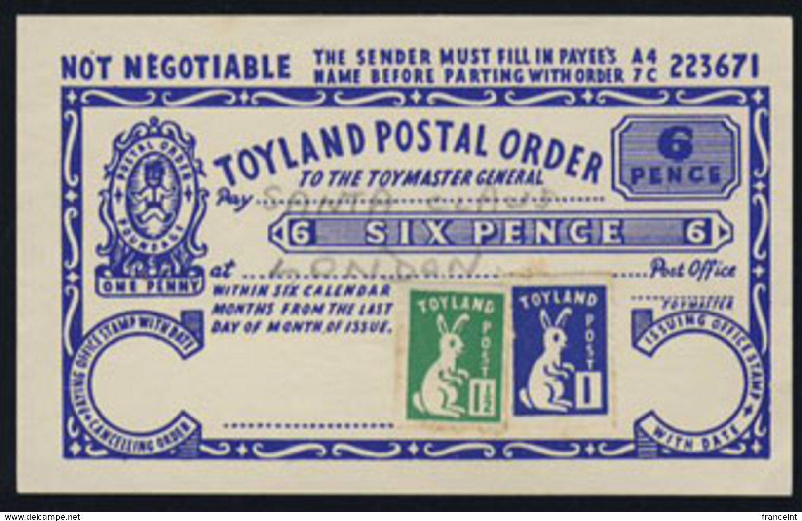 GREAT BRITAIN(1953) Rabbit. Miniature Envelope Franked With 2-1/2 TOYLAND POST Stamp Showing Picture Of A Rabbit - Cinderella