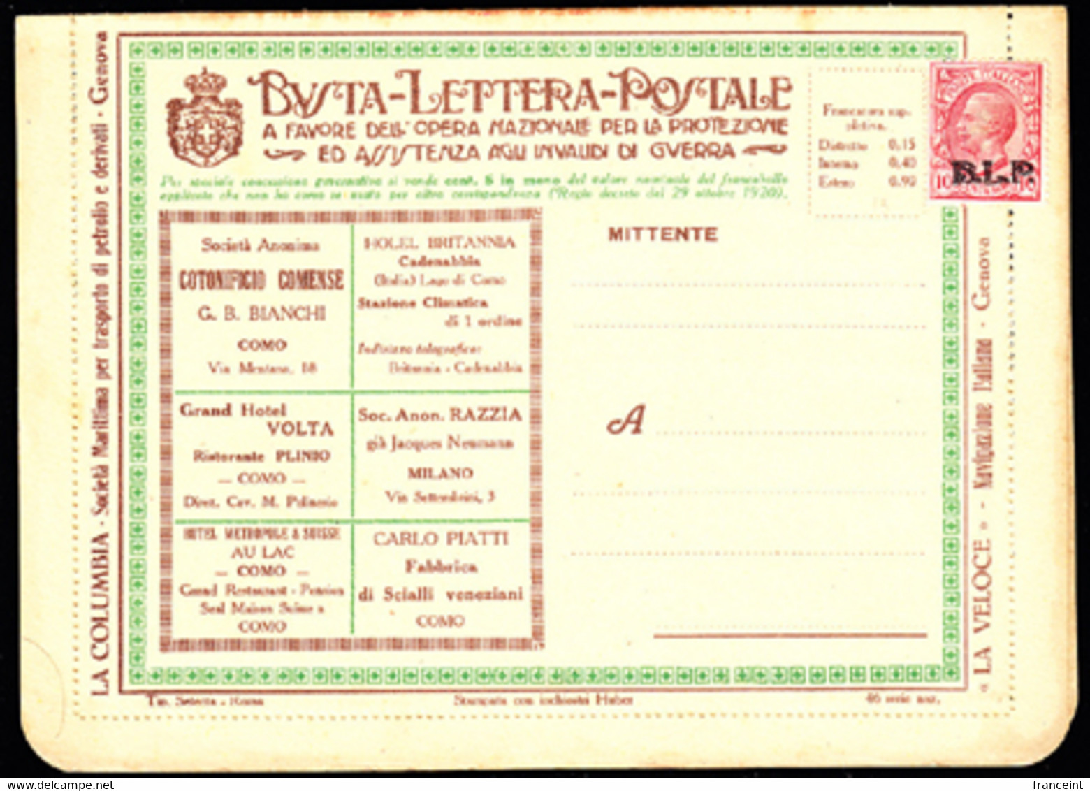 ITALY(1923) Hotels. Shawls. Cotton Mill. International Shipping. Velvet. Silk. Bank. Weaving. Cotton, Etc. BLP Letter. - Stamps For Advertising Covers (BLP)