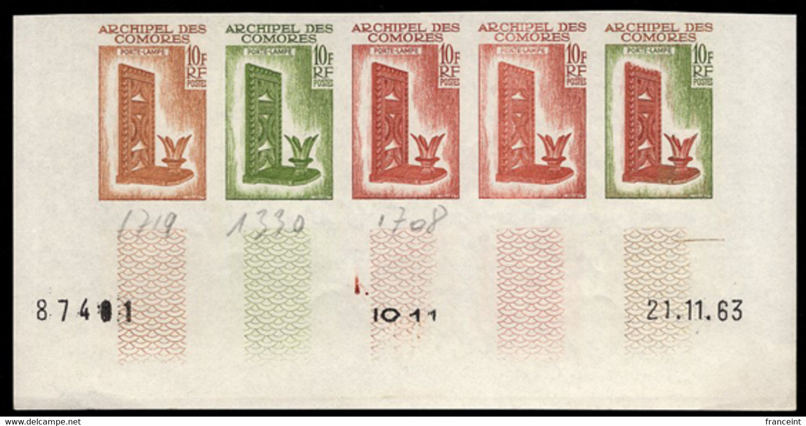 COMOROS(1963) Carved Lamp. Trial Color Proofs In Strip Of 5. Scott No 59, Yvert No 32. - Other & Unclassified
