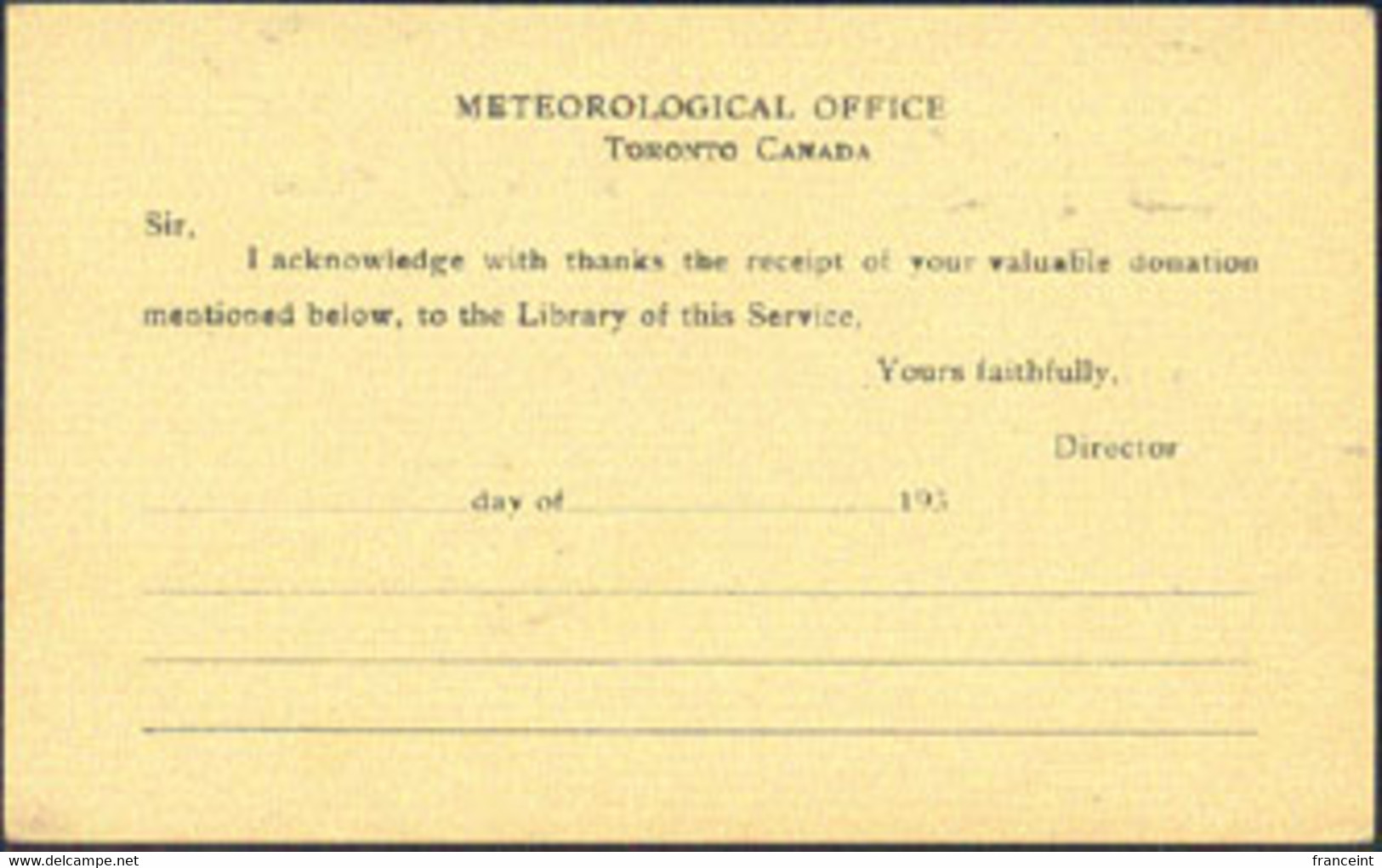 CANADA(1930) Toronto Meteorology Office. 2c Postal Card With Printed Receipt For Donation On Reverse. - 1903-1954 Kings