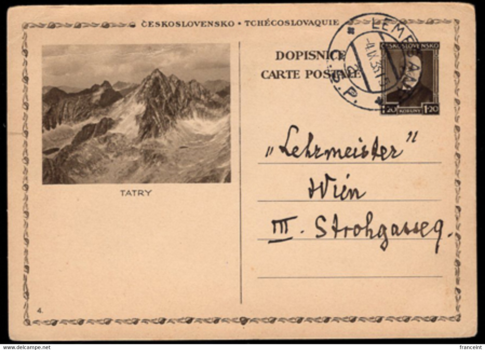 CZECHOSLOVAKIA(1933) Tatry Mountains. 1.20Ko Postal Card With Corner Illustration. - Postales