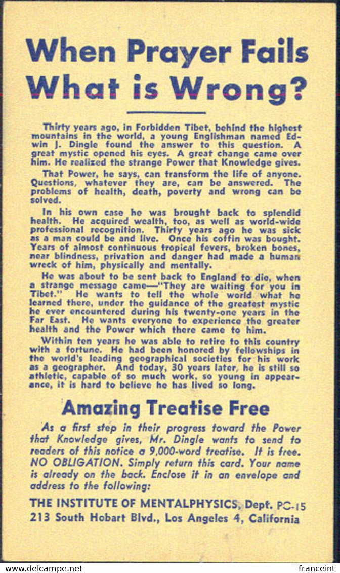 U.S.A.(1944) Mentalphysics Institute. Postal Card With Illustrated Ad For Treatise From "Forbidden Tibet" - 1941-60