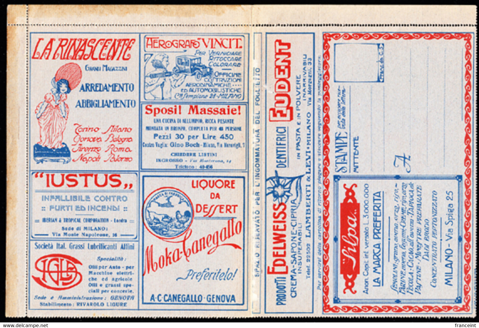 TALY(1923) Typewriter. Cruise Ship. Auto. Bride. Chicken. Cow. Oil. Dentifrice. Insurance. Pasta. BLP Letter - Stamps For Advertising Covers (BLP)