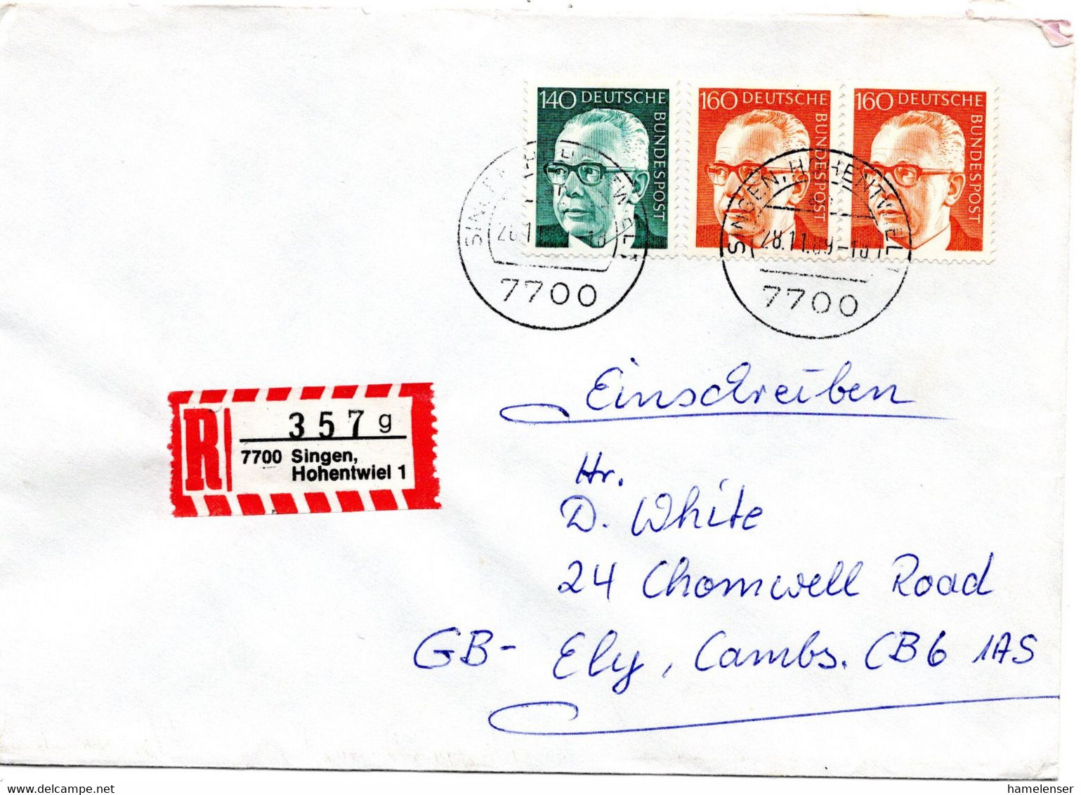 55650 - Bund - 1989 - 2@160Pfg. Heinemann MiF A. R-Bf. SINGEN -> Grossbritannien - Covers & Documents