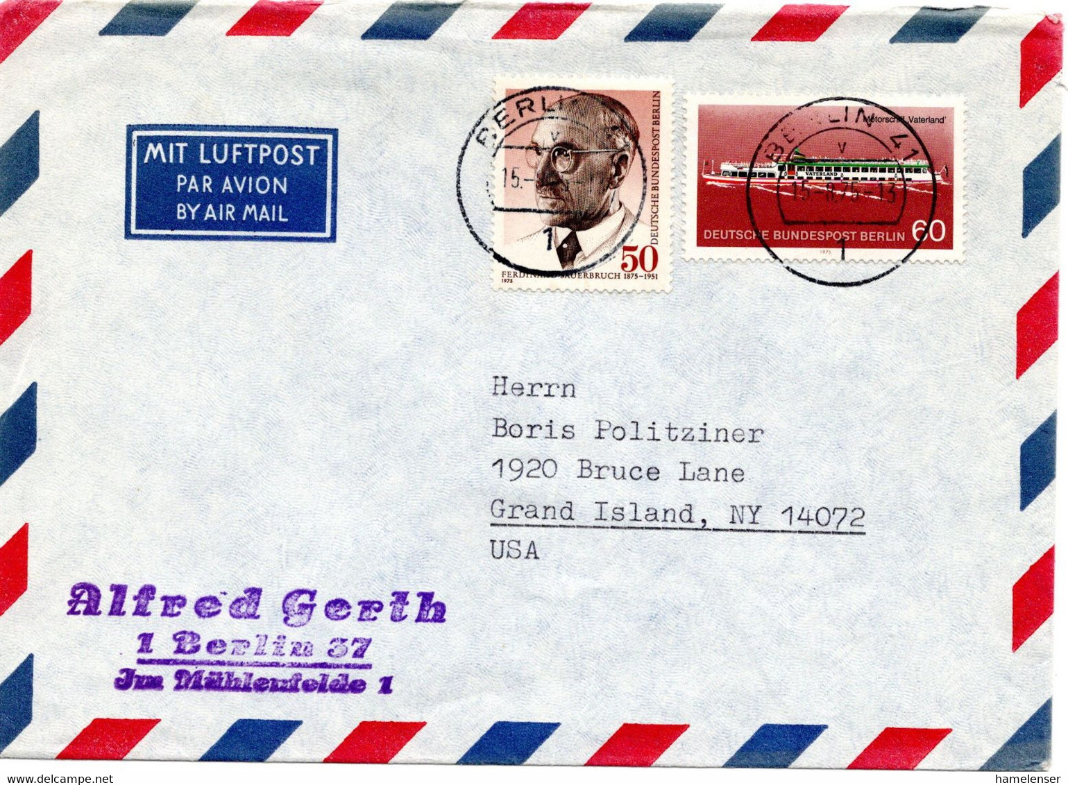 55662 - Berlin - 1975 - 60Pfg. Binnenschiffe MiF A. LpBf. BERLIN -> Grand Island, NY (USA) - Covers & Documents