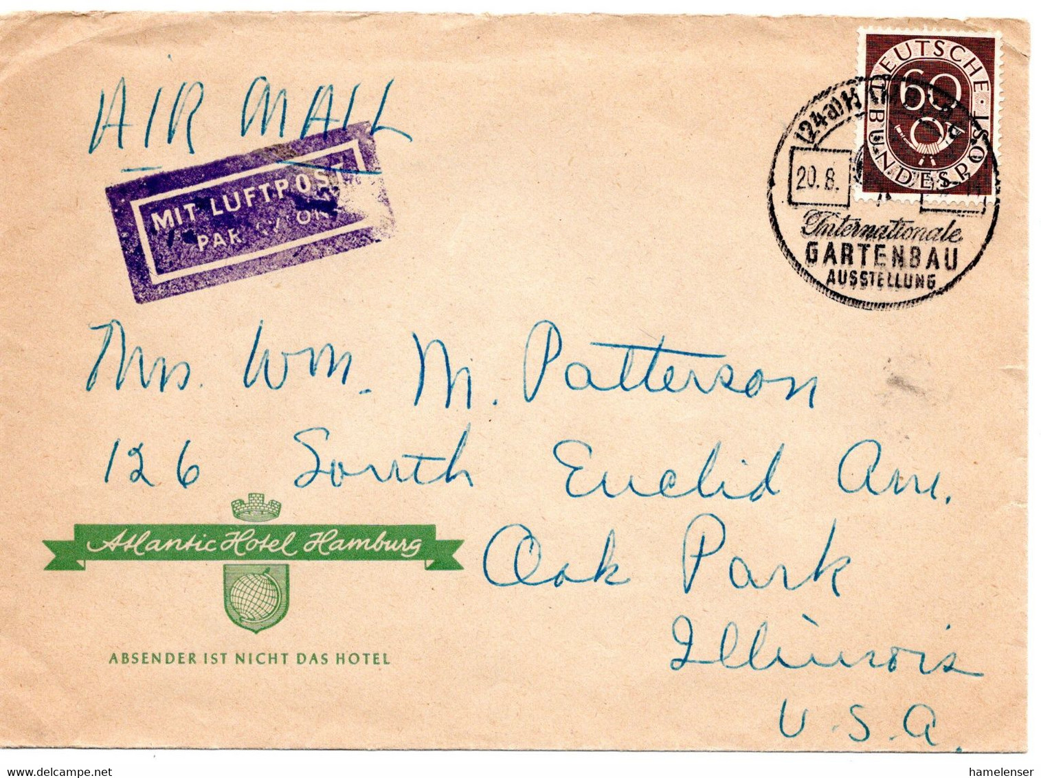 55680 - Bund - 1953 - 60Pfg. Posthorn EF A. LpBf. M. SoStpl. HAMBURG - GARTENBAUAUSSTELLUNG -> Oak Park, IL (USA) - Storia Postale