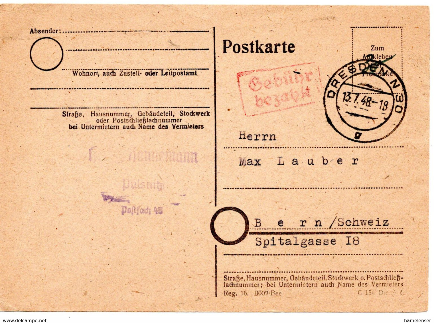 55682 - SBZ - 1948 - "Gebuehr Bezahlt"-Stpl. & Hs. "30" A. Kte. DRESDEN -> Schweiz - Andere & Zonder Classificatie