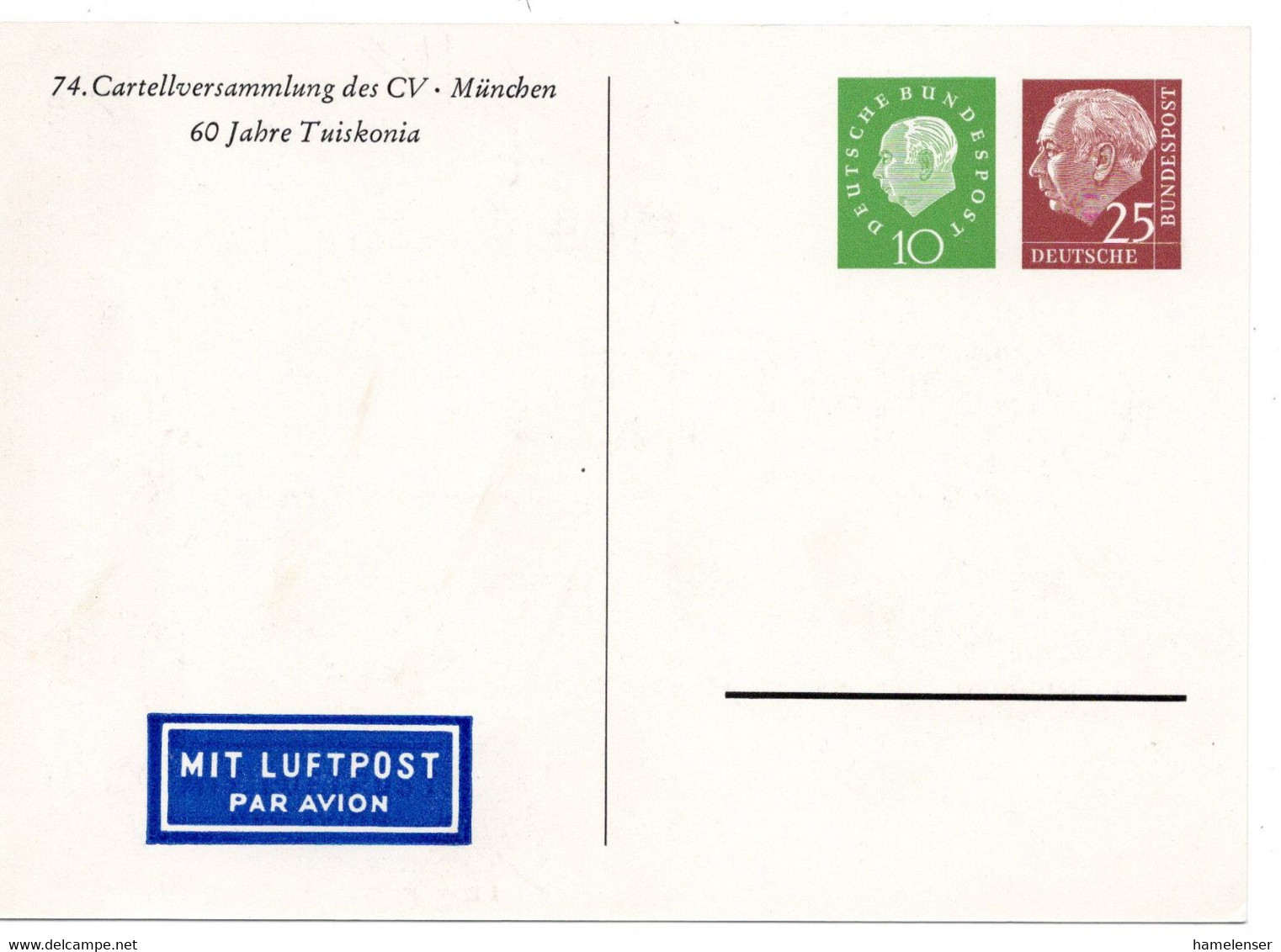 55687 - Bund - 1960 - 25Pfg. Heuss I Etc. PGA-Kte. "74. Cartellversammlung Des CV", Ungebr. - Privé Postkaarten - Ongebruikt