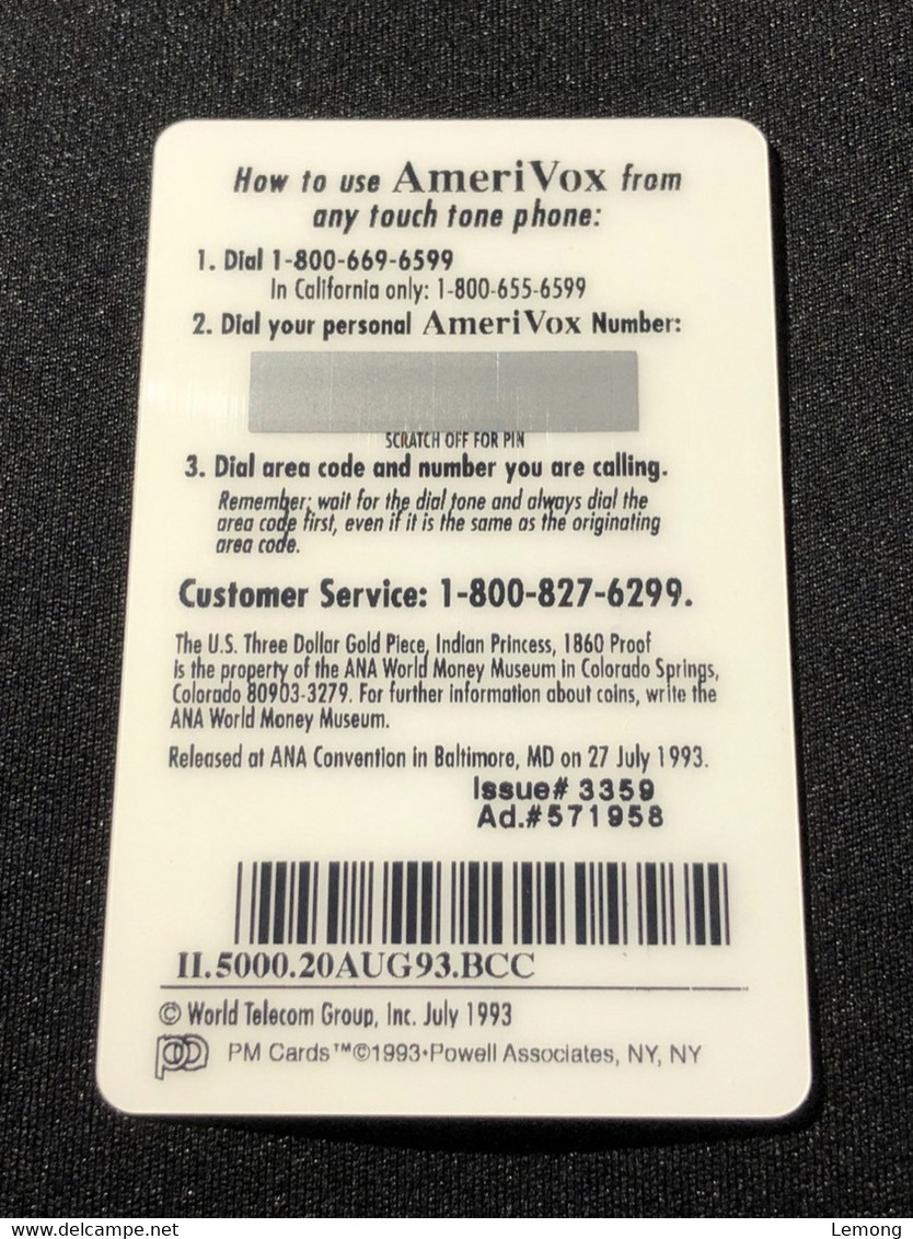 Mint USA UNITED STATES America AmeriVox Prepaid Telecard Phonecard,ANA Card: Design Of 1860 Gold Coin,Set Of 1 Mint Card - Amerivox