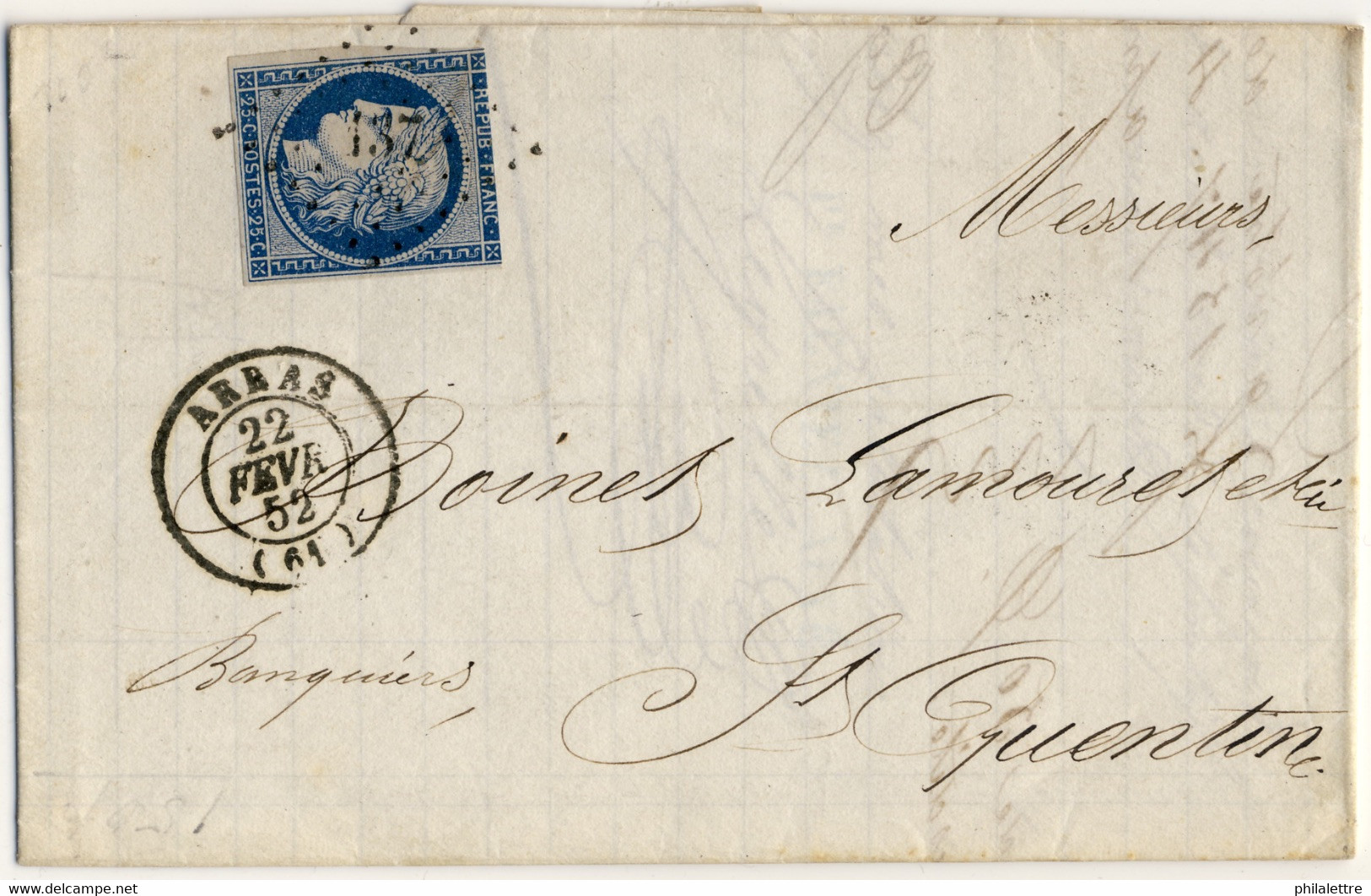 France - 1852 - Yv.4 25c Bleu Obl. Pc137 Sur LAC D'Arras à St-Quentin (timbre Défectueux) - 1849-1850 Ceres