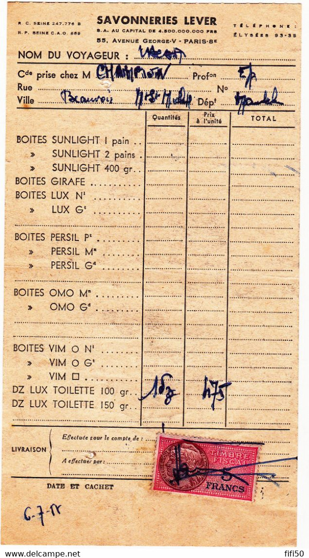 Facture SAVONNERIE LEVER Paris 1955 ? Avec Timbre Fiscal 5 F - Droguerie & Parfumerie