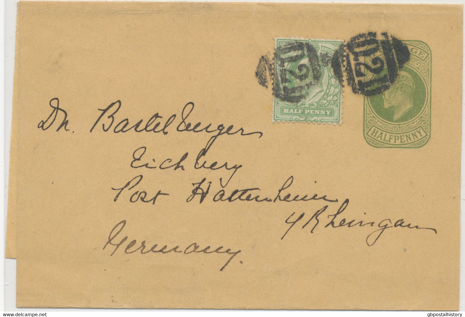 GB 190? EVII Superb 1/2d Yellow-green Wrapper W 1/2 D Stamp To Germany, Cancelled Twice W A Nice Barred Cancel "D.21" - Lettres & Documents