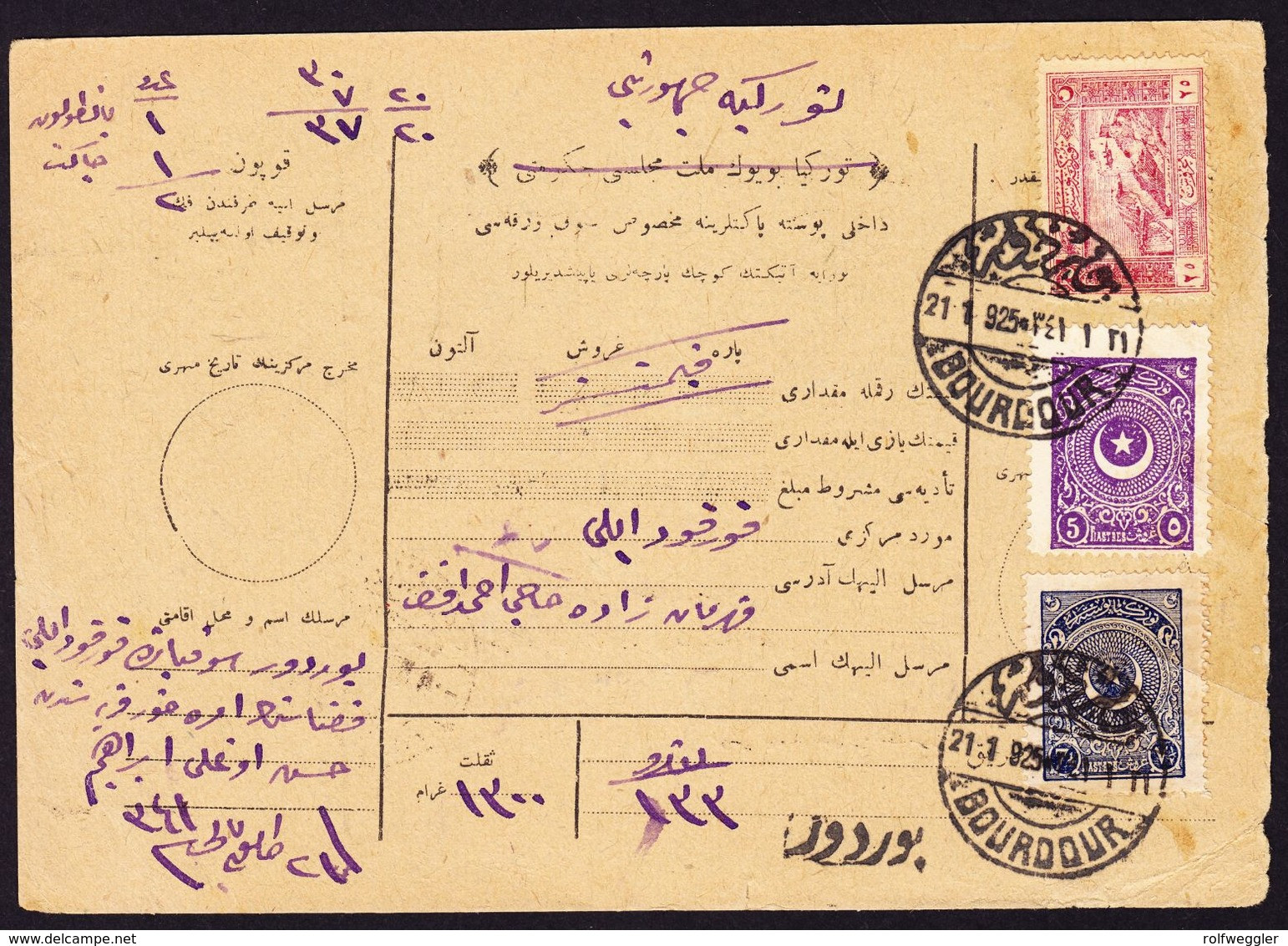 1925 Postschein Mit Türkischer Mischfrankatur Stempel Bourdour. Rückseitig Korkuteli Und Antalya - Covers & Documents