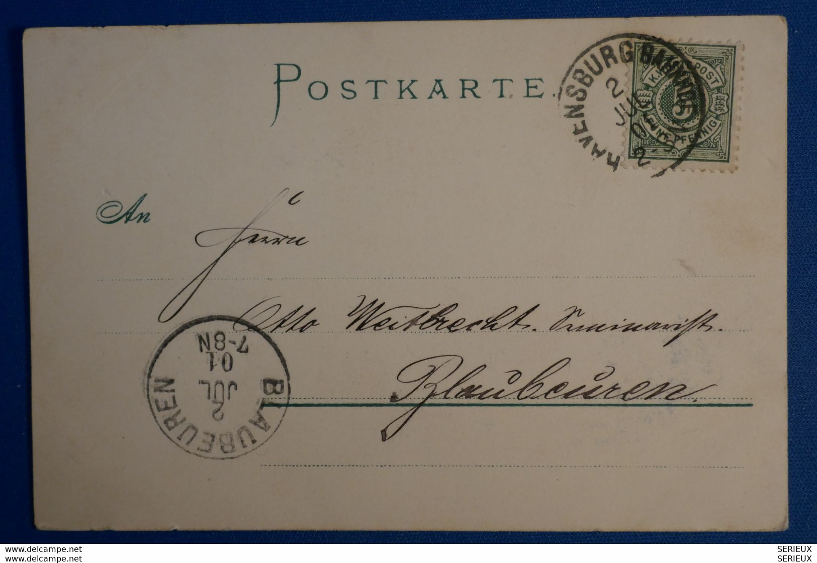 K4 WUTTENBERG BELLE CARTE 1901 RAVENSBURG POUR BLAUBEUREN ALLEMAGNE + AFRANCHISSEMENT INTERESSANT - Postwaardestukken