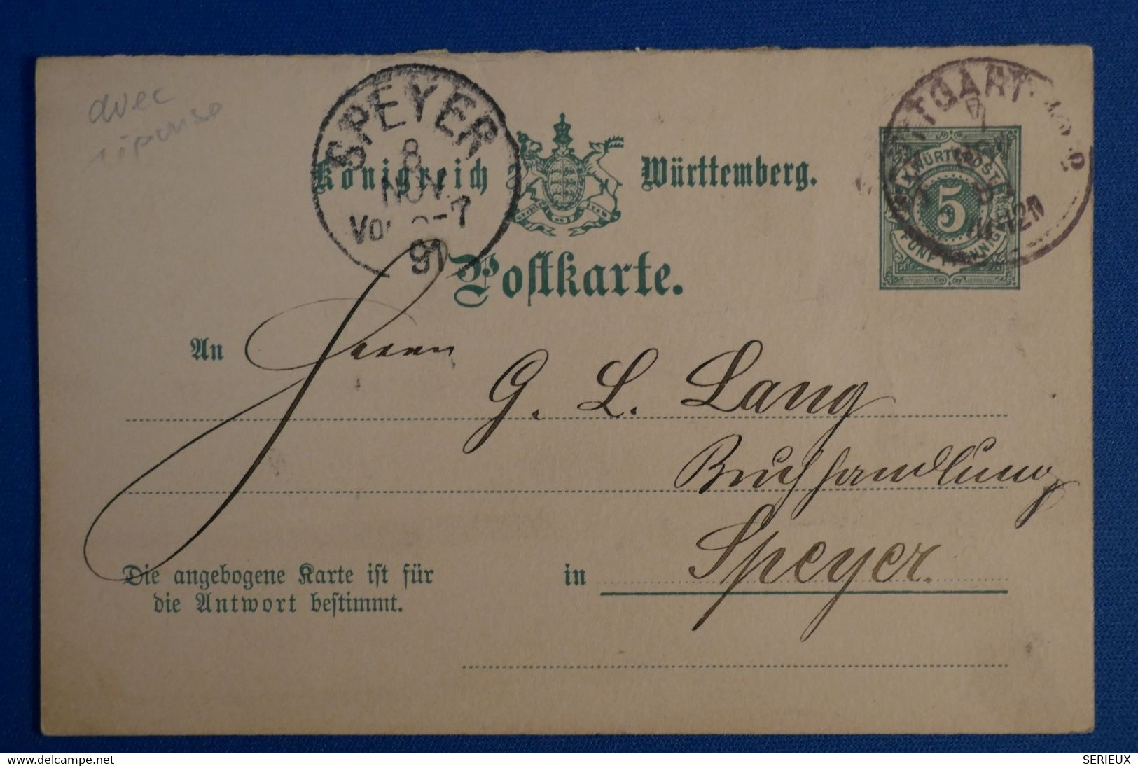 K4 WUTTENBERG BELLE CARTE 1891 STUTTGART POUR SPEYER ALLEMAGNE+ CARTE REPONSE + AFRANCHISSEMENT INTERESSANT - Postwaardestukken