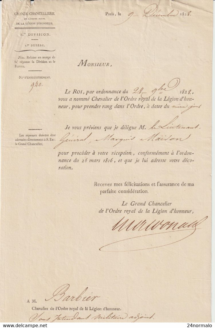 AB200  Maréchal MacDonald, Général Maison, Chevalier Légion D'Honneur 29/11/1828 - Historical Documents