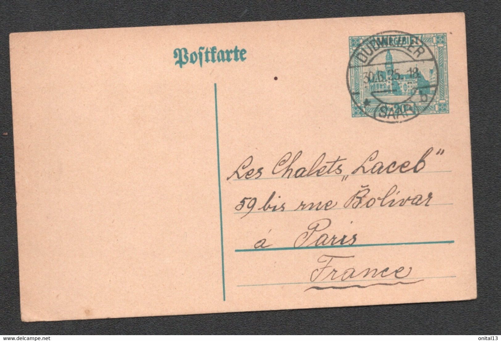 1925 ENTIER POSTAL DE DUDWEILER A PARIS / SAARE SARREBRUCK SAARGEBIET  D100 - Entiers Postaux