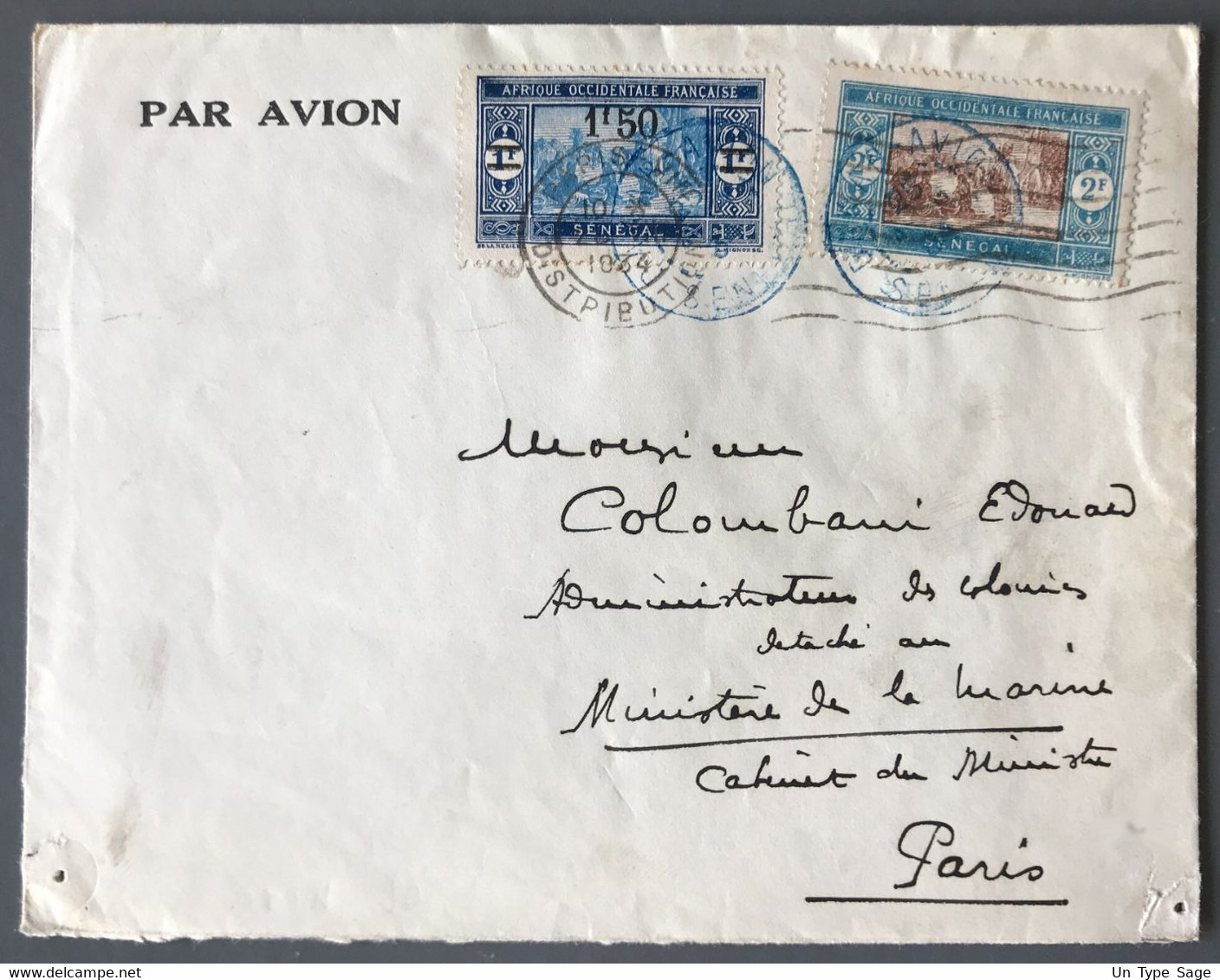 Sénégal N°86 Et 98 Sur Enveloppe TAD (bleu) DAKAR AVION 1934 Pour Paris - (C1143) - Storia Postale