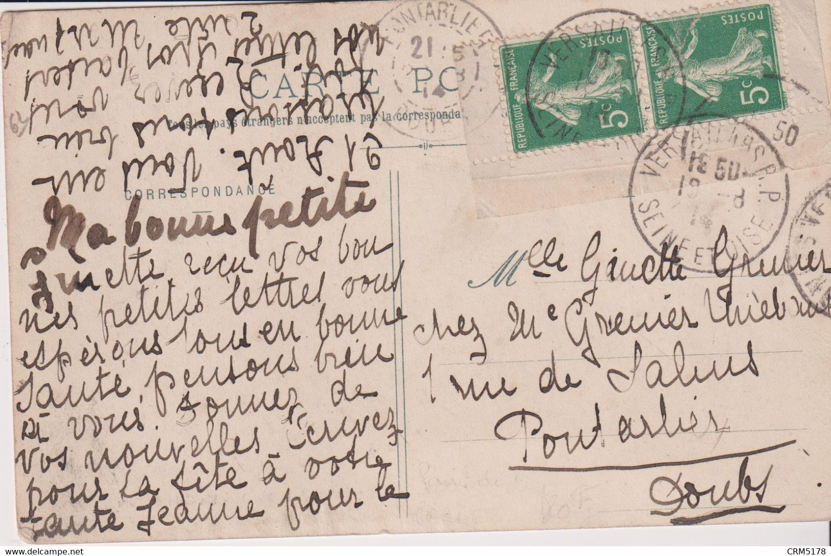 TP N° 137 "e"PAIRE DE CARNET +VARIETE P De POSTE-OUVERT- 1914 S/CPA SAMER-villa De La Ruelle-le Parc - Used Stamps