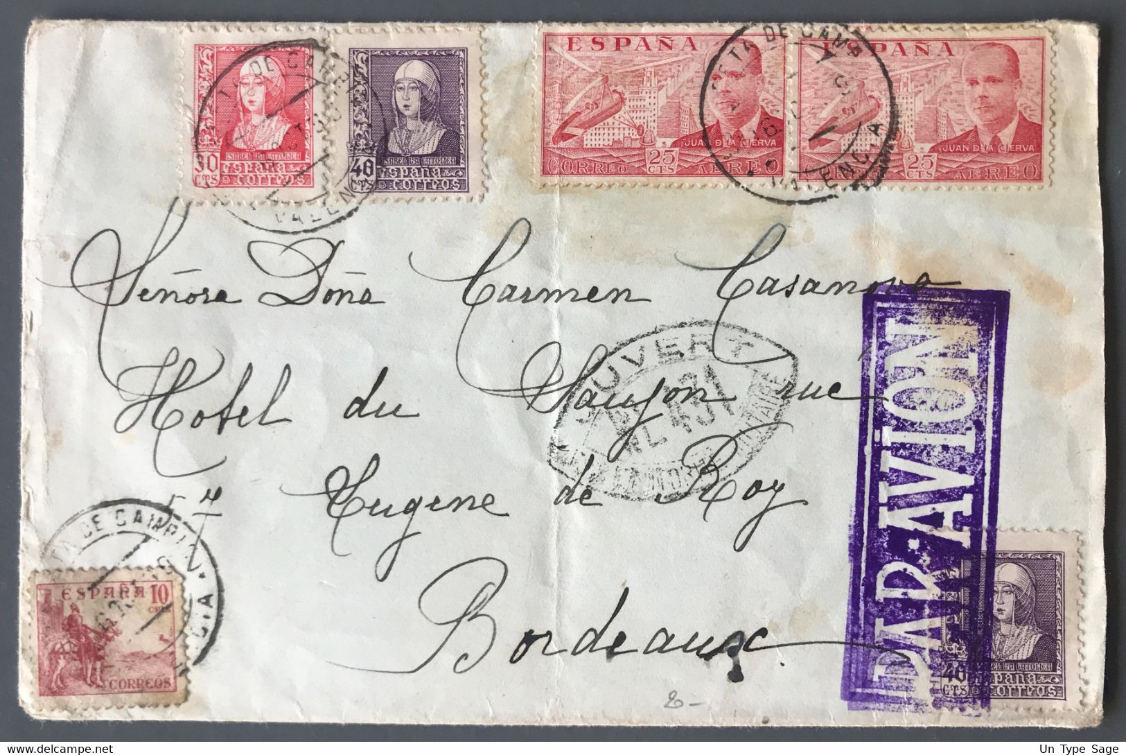 Espagne Divers Sur Enveloppe Censurée WL431 De Valencia Pour Bordeaux 6.10.1939 - (C1305) - Briefe U. Dokumente