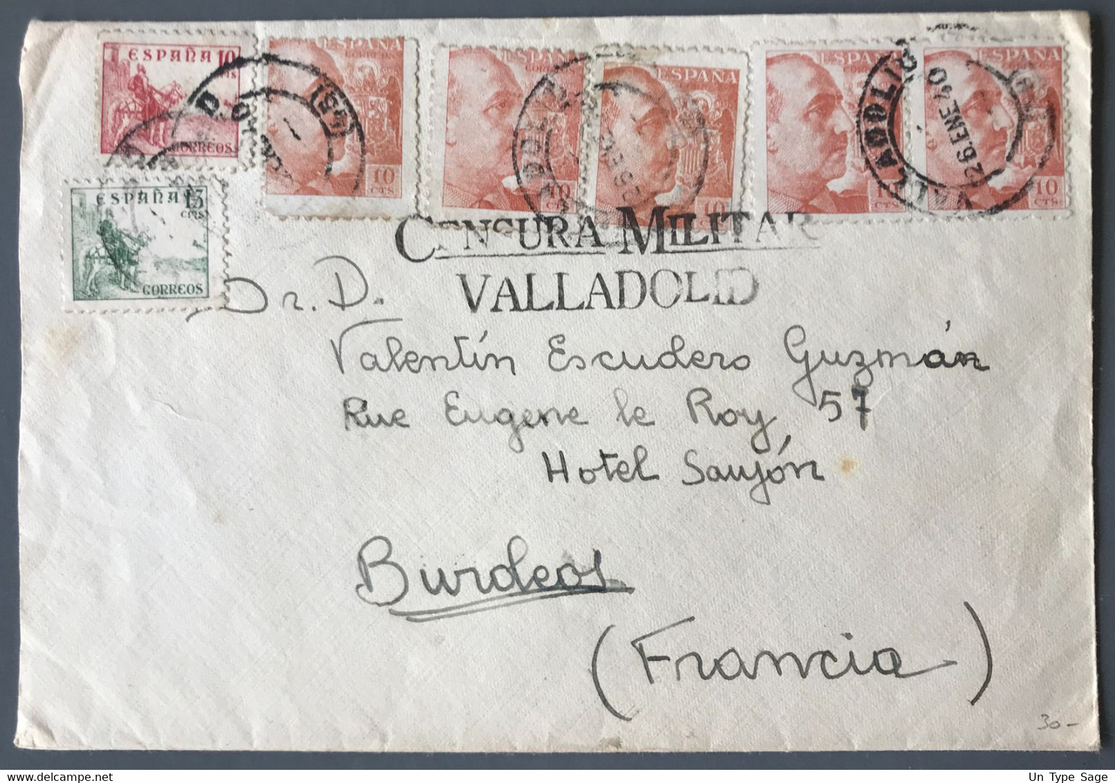 Espagne Divers Sur Enveloppe CENSURA MILITAR VALLADOLID, Pour Bordeaux 26.1.1940 - (C1336) - Storia Postale