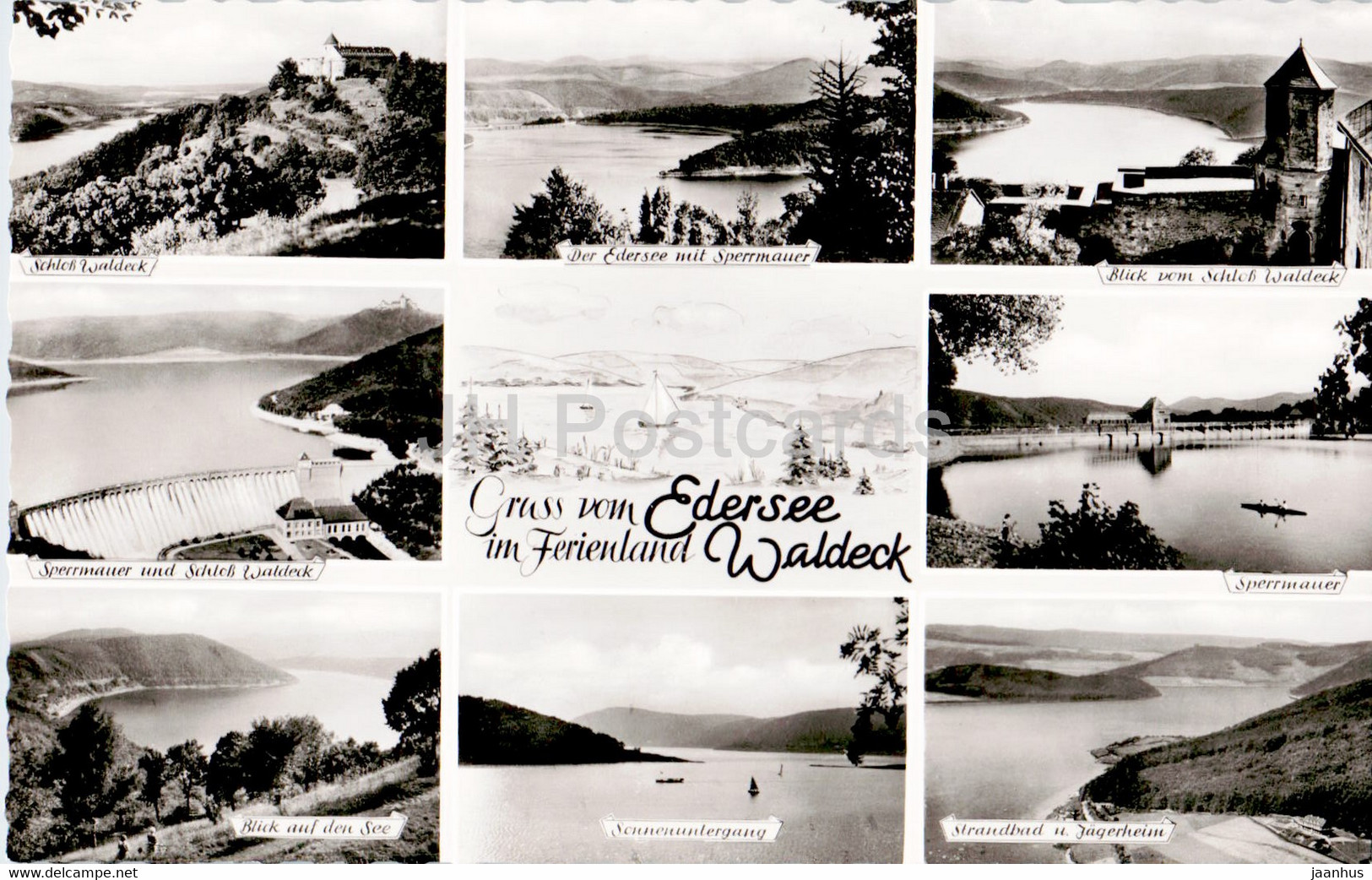 Gruss Vom Edersee Im Ferienland Waldeck - Sperrmauer - Schloss - Jagerheim - Old Postcard - Germany - Unused - Edersee (Waldeck)