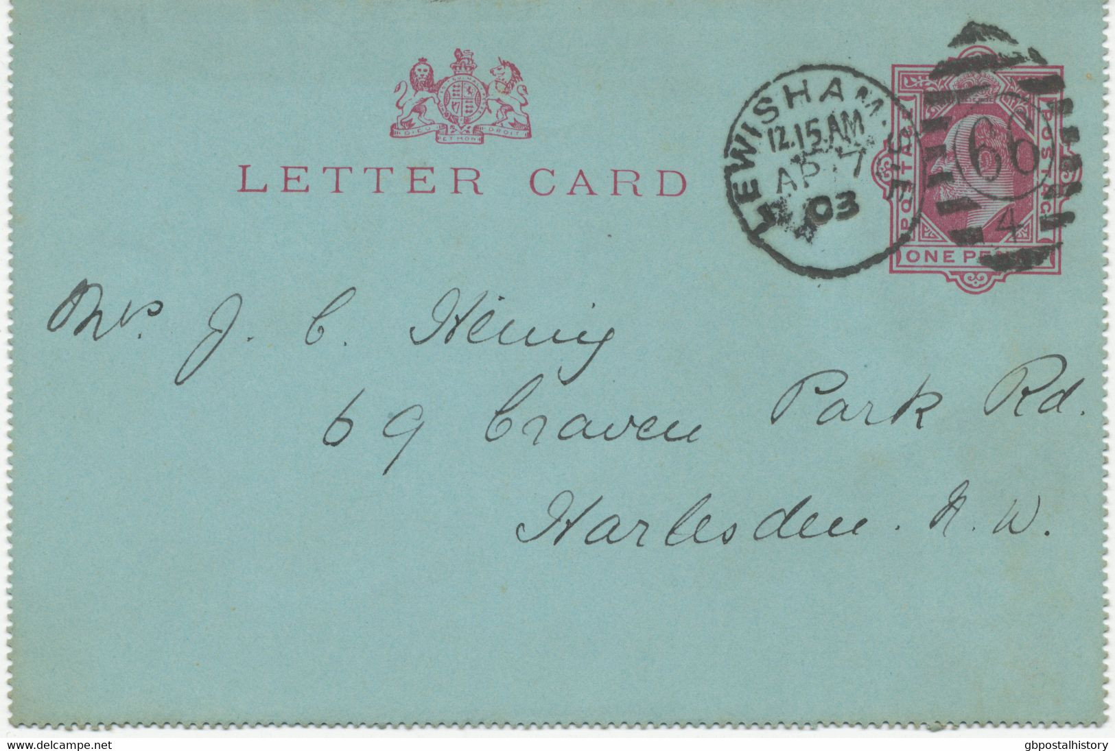 GB 1903 EVII 1d Lilac Superb Letter Card To Harlesden With Barred Duplex-cancel "LEWISHAM-S.E / 66 / 4" POSTMARK-ERROR - Covers & Documents