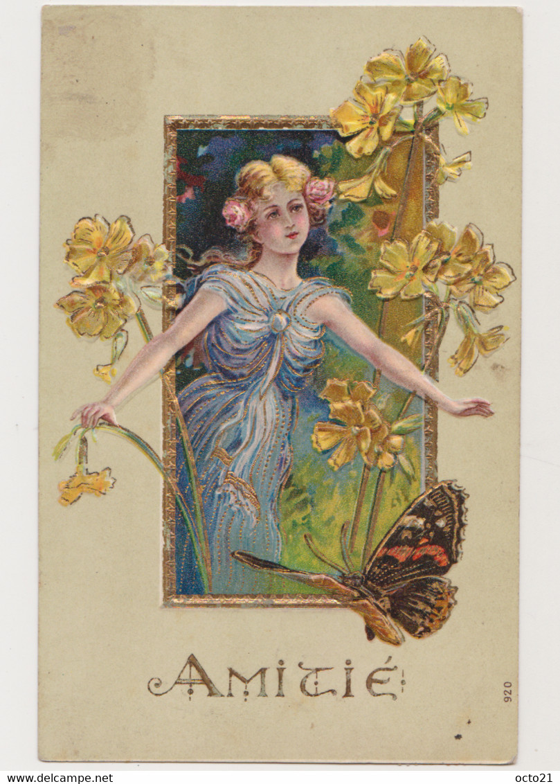 Carte Fantaisie  Gaufrée / Jeune Femme  , Fleurs , Papillon /  Amitié - Other & Unclassified