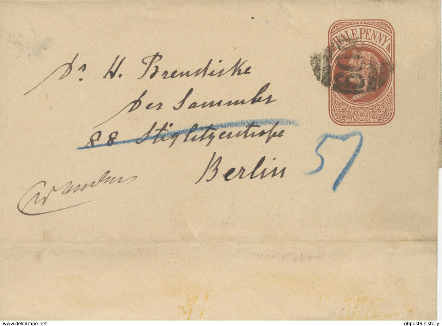 GB 189? QV 1/2d Brown Very Fine Re-directed Wrapper To Berlin With Barred Numeral Cancel "809" (EASTGATE, Durham – 2VOS) - Storia Postale