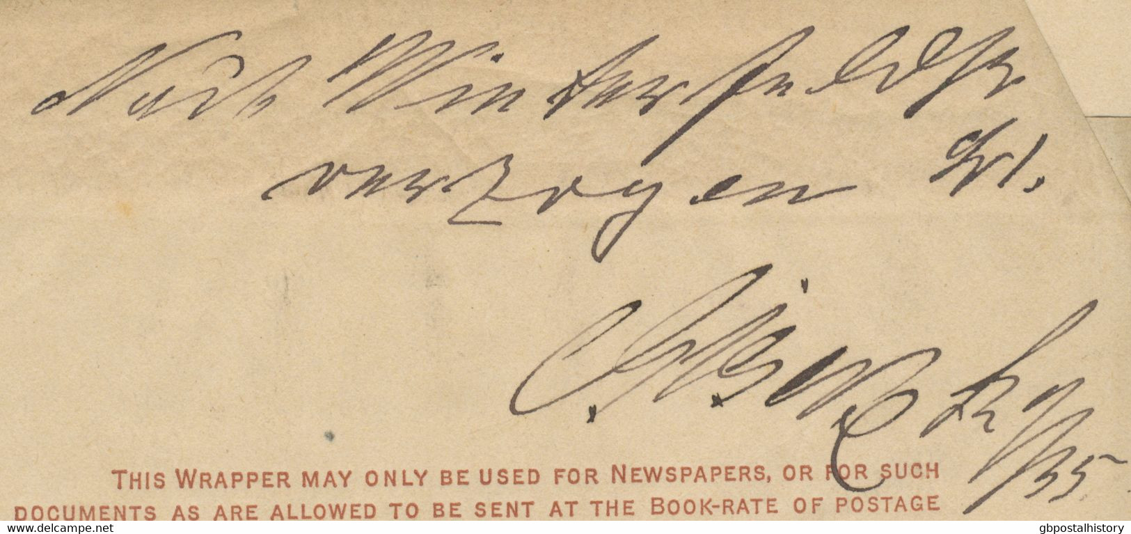 GB 189? QV 1/2d Brown Very Fine Re-directed Wrapper To Berlin With Barred Numeral Cancel "809" (EASTGATE, Durham – 2VOS) - Storia Postale