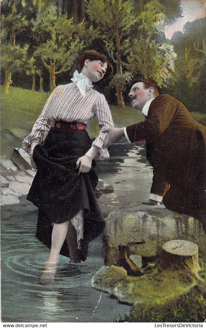 série de 4 CPA thème couple au bord de l'eau - Oblitéré à Solessin en 1908 - Correspondance frère et soeur