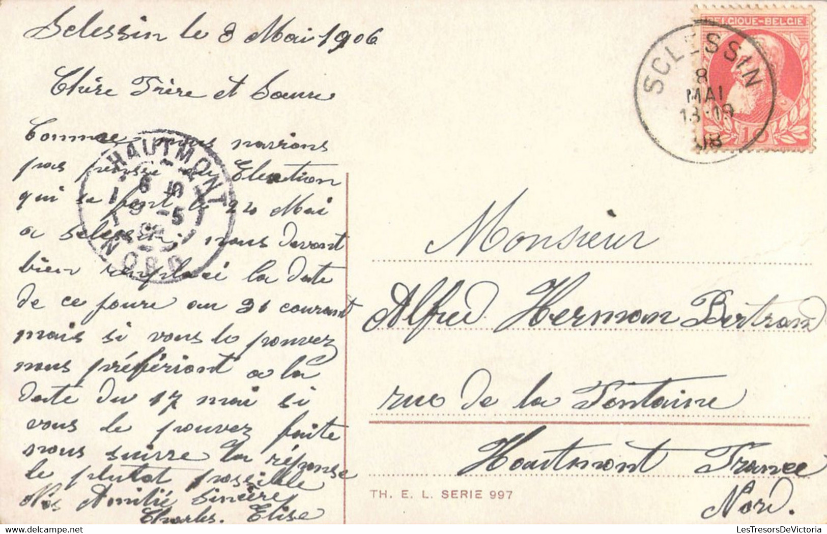 série de 4 CPA thème couple au bord de l'eau - Oblitéré à Solessin en 1908 - Correspondance frère et soeur