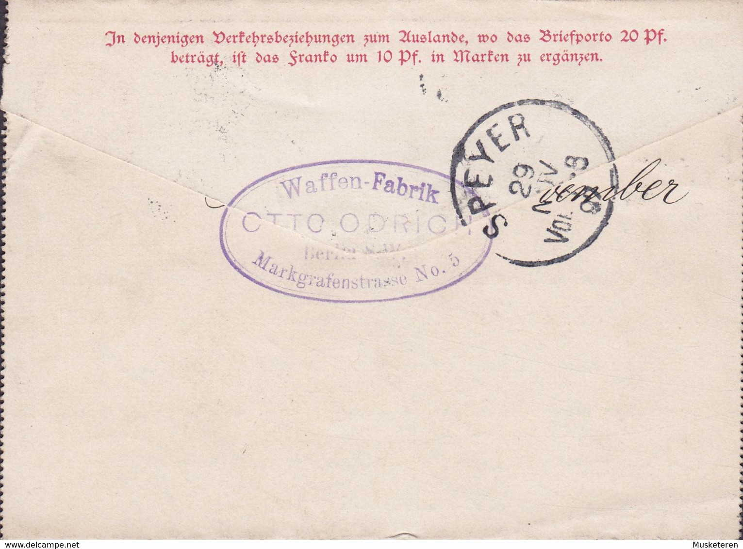 Deutsche Reichspost Postal Stationery Ganzsache 10 Pf. Adler Kartenbrief Waffen-Fabrik  OTTO ODRICH, BERLIN 1897 SPEYER - Sonstige & Ohne Zuordnung