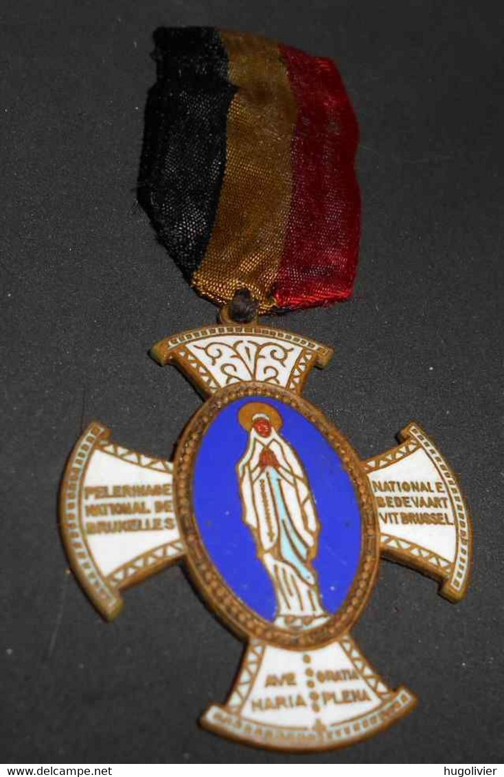 Ancienne Croix émail Belgique Medaille Religieuse Ave Maria Gracia Plena Pélerinage De Bruxelles Bedevaart Brussel - Belgio
