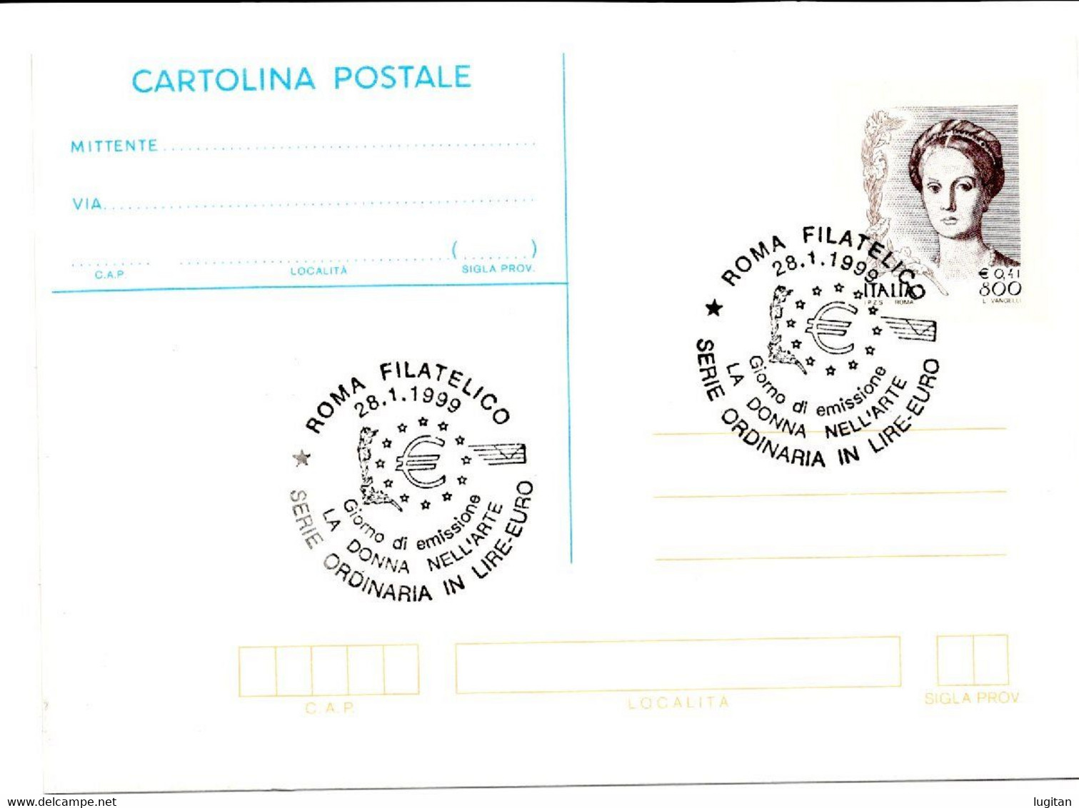 ITALIA CARTOLINA POSTALE  - LA DONNA NELL'ARTE LIRE 800 € 0,41-  A.S. ROMA FIL  ANNO 1999 - Interi Postali