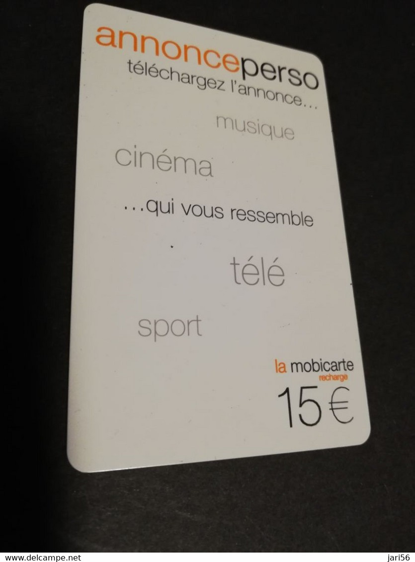 FRANCE/FRANKRIJK   ORANGE € 15- LA MOBICARTE /RECHARGE    PREPAID  USED    ** 6628** - Mobicartes (GSM/SIM)