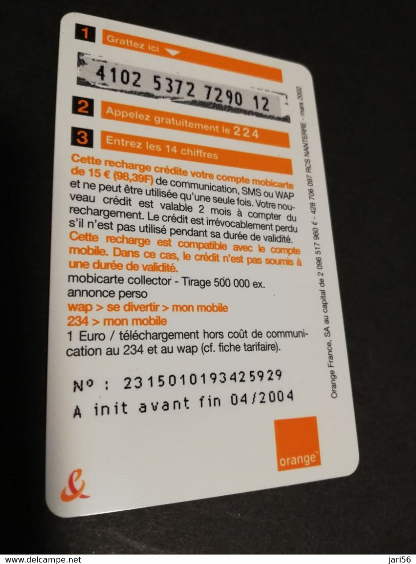 FRANCE/FRANKRIJK   ORANGE € 15- LA MOBICARTE /RECHARGE    PREPAID  USED    ** 6628** - Nachladekarten (Handy/SIM)