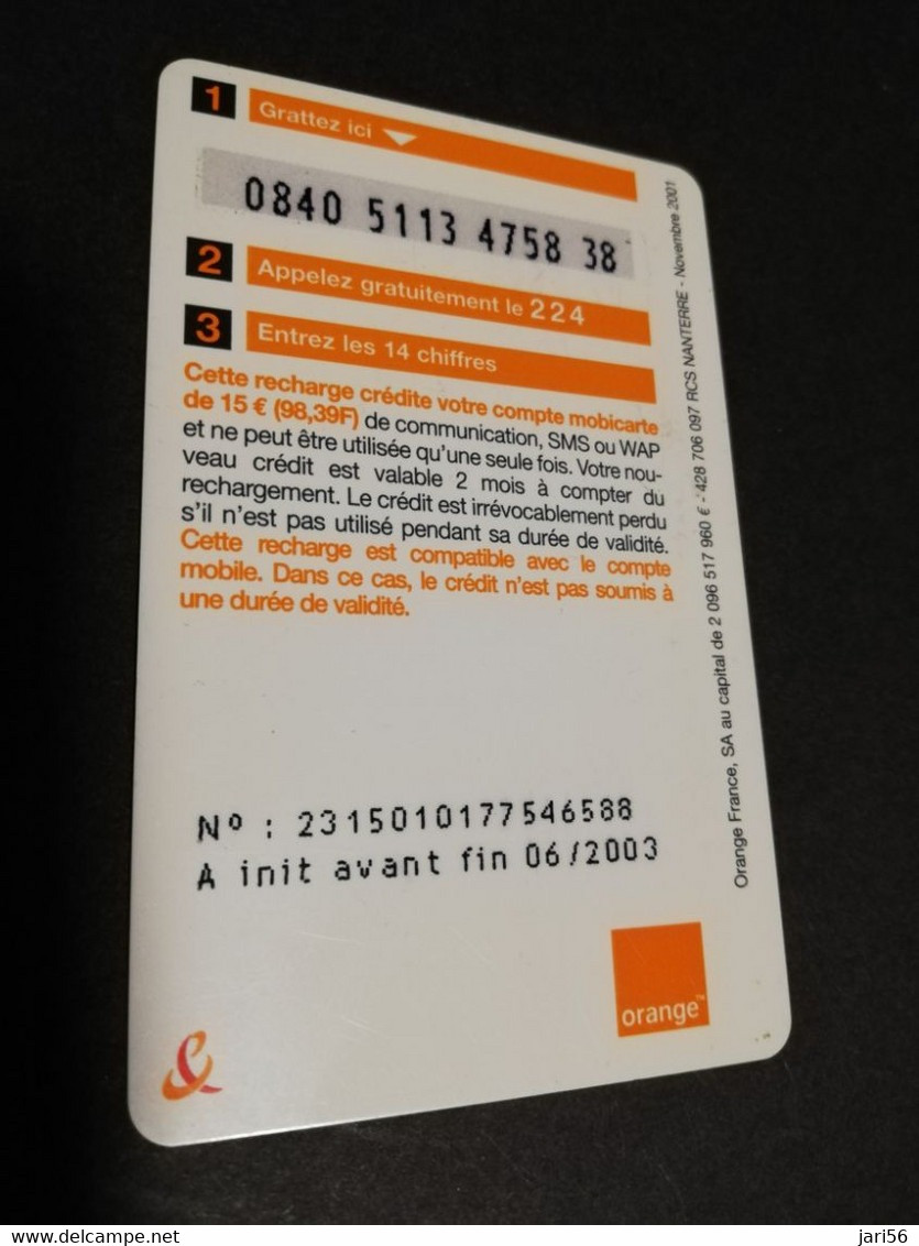 FRANCE/FRANKRIJK   ORANGE € 15- LA MOBICARTE /RECHARGE    PREPAID  USED    ** 6630** - Voorafbetaalde Kaarten: Gsm