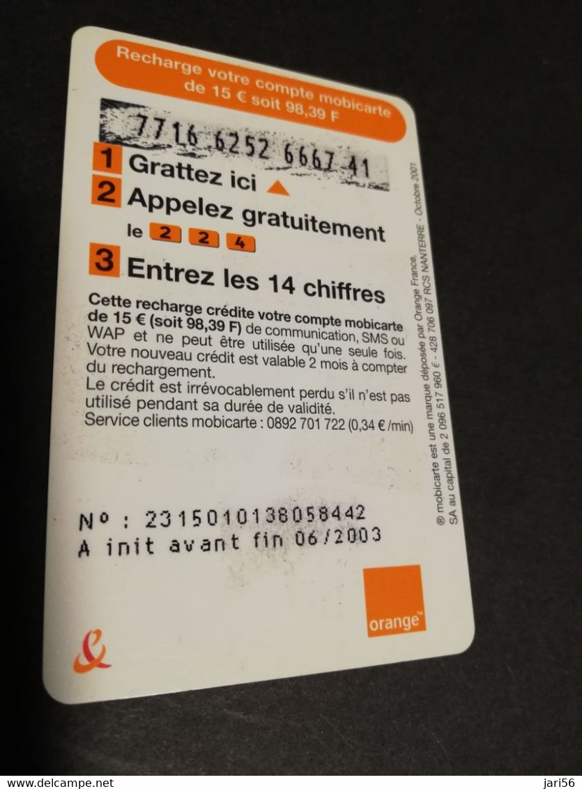 FRANCE/FRANKRIJK   ORANGE € 15- LA MOBICARTE /RECHARGE    PREPAID  USED    ** 6631** - Nachladekarten (Handy/SIM)