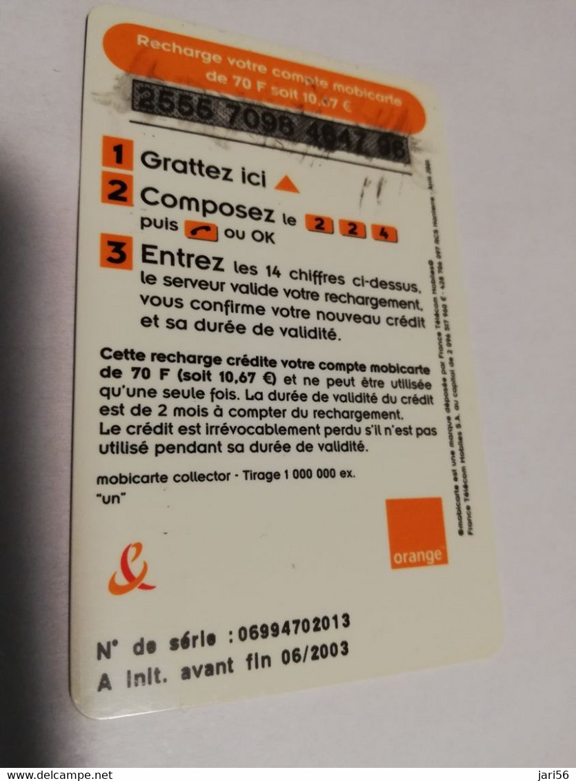 FRANCE/FRANKRIJK   ORANGE  70  FRANC / UN - LA MOBICARTE /RECHARGE    PREPAID  USED    ** 6638** - Nachladekarten (Handy/SIM)