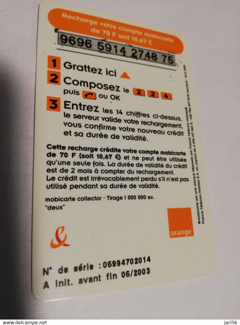 FRANCE/FRANKRIJK   ORANGE  70  FRANC / DEUX - LA MOBICARTE /RECHARGE    PREPAID  USED    ** 6639** - Mobicartes (GSM/SIM)