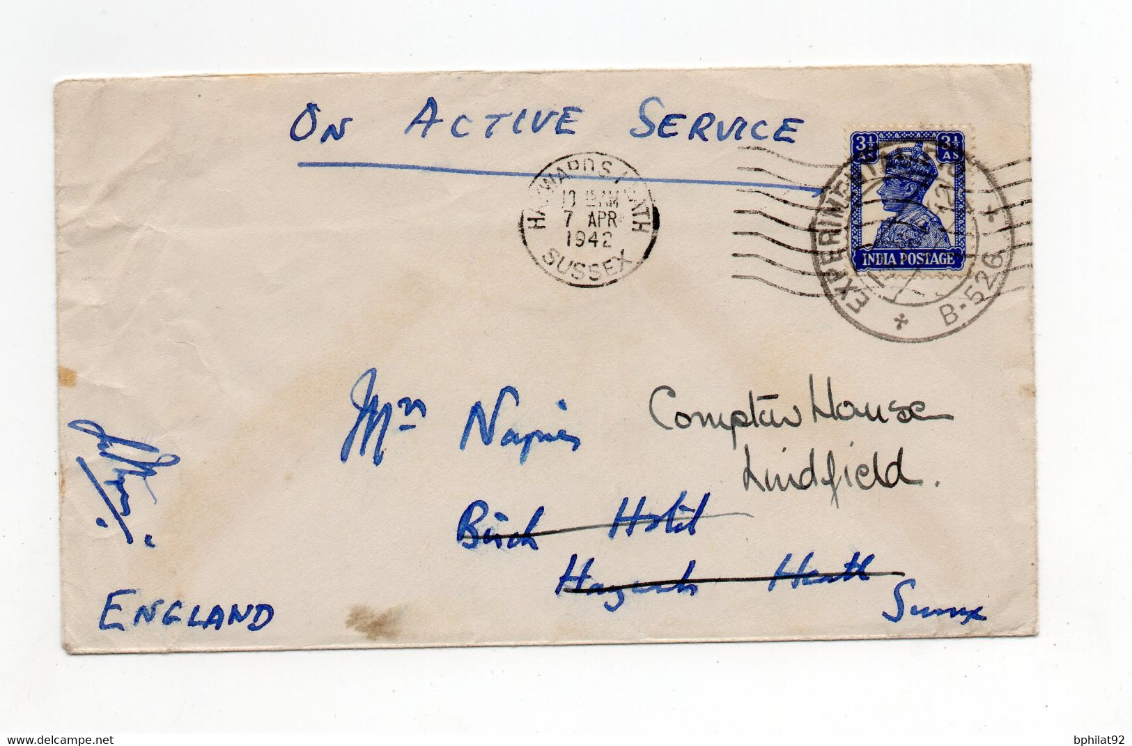 !!! INDES ANGLAISES, LETTRE DE 1942 CACHET EXPERIMENTAL FPO B526 - 1936-47 Koning George VI