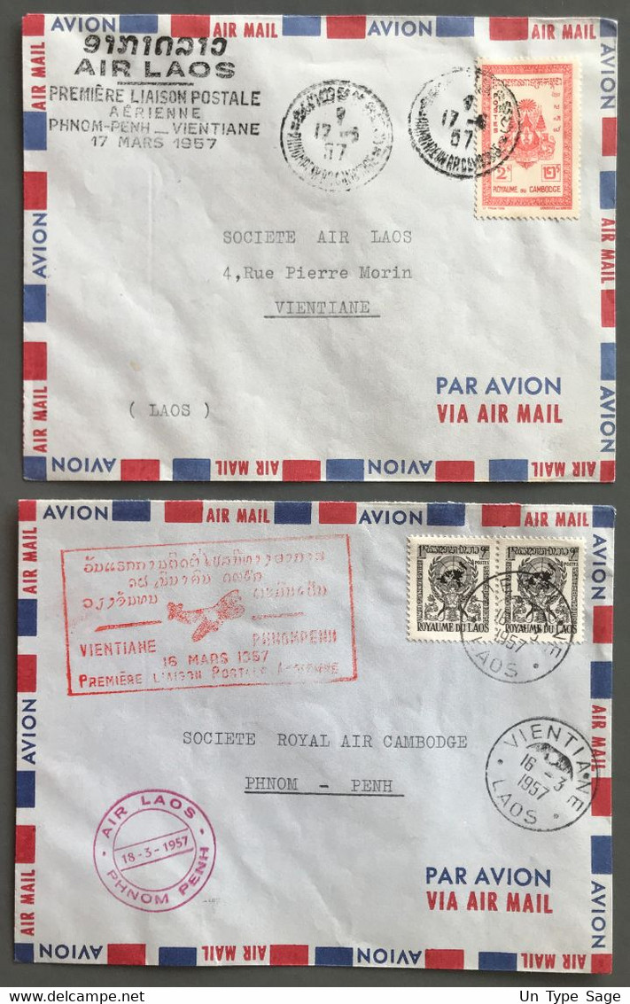 Cambodge Première Liaison Aérienne Phnom Penh Ventianne - 2 Enveloppes (Aller Et Retour) 1957 - (C2069) - Cambodja